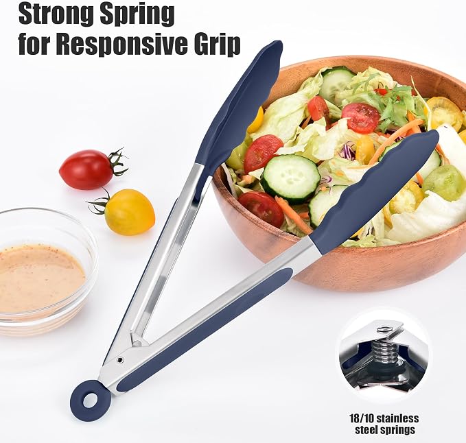 Doosu Kitchen Tongs with Silicone Tips for Cooking Serving (9in, Navy Blue) | 600°F Heat Resistant Food Tong, Heavy Duty Stainless Steel Locking Tong for BBQ, Grilling Steak, Salad, Toast, Pasta