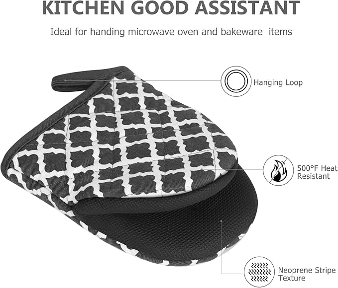 1 Pair Short Oven Mitts - Silicone Kitchen Oven Gloves High Heat Resistant 500℉, Mini Oven Mits with Non-Slip Grip Surfaces and Hanging Loop for BBQ, Baking, Cooking and Grilling (Dark Gray)