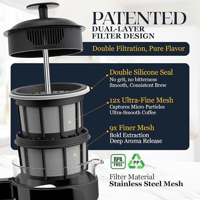 ESPRO P3 French Press Coffee Maker, 32oz, Black, Double Micro Filter Press | Grit-Free Coffee Press, Thicker Borosilicate Heat Resistant Glass french press, Tea Press, Easy Coffee Brewer, Tea Brewer