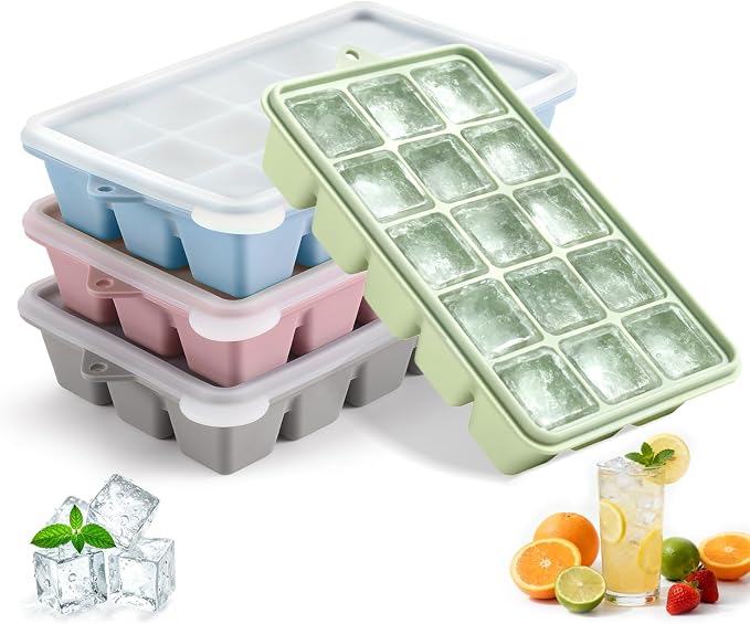 4-Pack Silicone Ice Cube Trays with Lid, Easy Release Ice Cube Molds, Reusable and Stackable Ice Trays for Freezer for Cocktail, Whiskey, Baby Food, BPA Free (Multicolour)