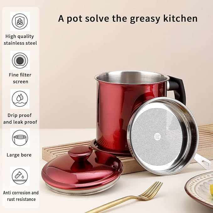 Kyraton Bacon Grease Container With Strainer, 48 oz Metal Shining Red Stainless Steel Oil Container, Pot Fat Storage With Lid, Easy Grip Handle Suitable For Storing Frying Oil And Cooking Grease