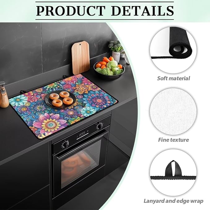 Boho Mandala Lotus Hippie Flower Print Electric Stove Top Cover Thick Induction Cooktop Protector with Lanyards Anti-Slip Coffee Machine Mat for Glass Top Stove, 29.18 x 20.96 inch