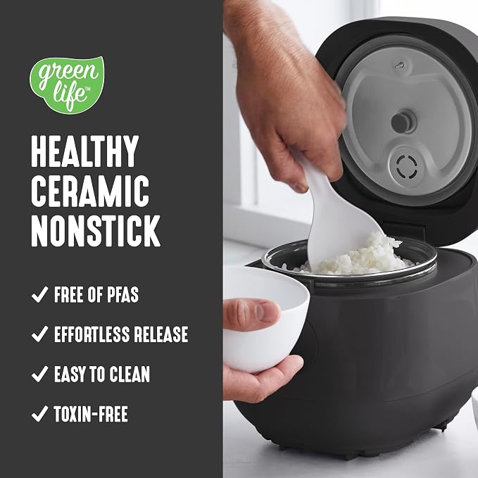 GreenLife Digital Rice Cooker, 2-Cups Uncooked/4-Cups Cooked, Black | PFAS-Free Ceramic Nonstick Coated 1.5QT Pot, One-Touch Presets, Oats, Quinoa, Brown Rice, Auto Warming, Fuzzy Logic Tech