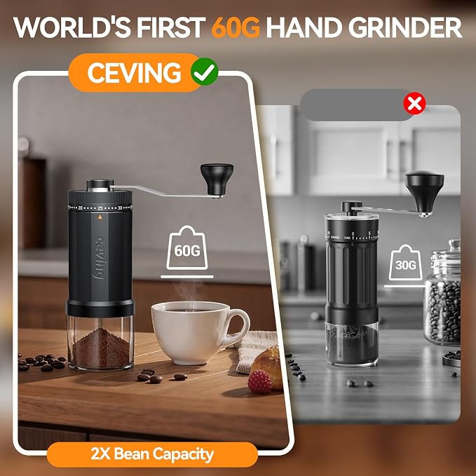 CEVING World's First 60g Large Capacity Manual Coffee Grinder, Black | 40 External Settings, Portable Hand Coffee Bean Mill with Ceramic Conical Burr for Travel, Camping, Drip, Pour Over & Gift