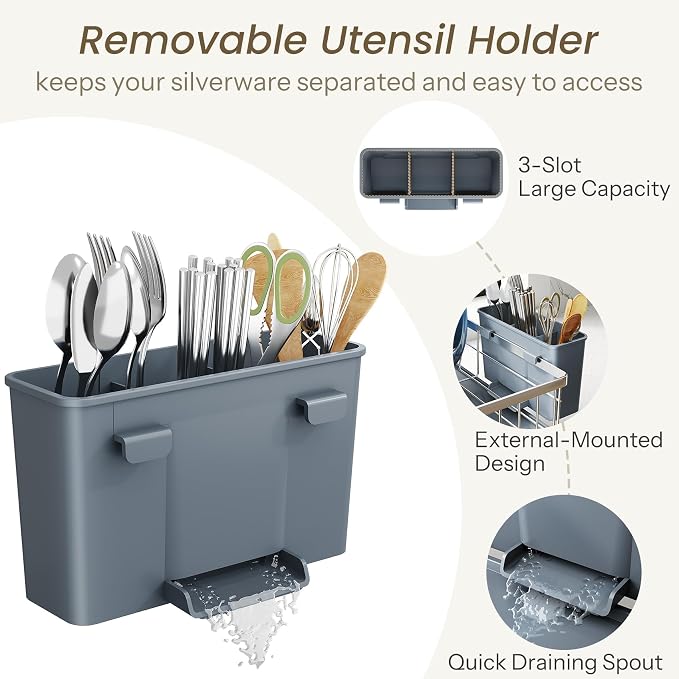 SNTD Dish Drying Rack for Small Kitchen Counter, 11" W x 15" L, Silver | Space Saving, Rotating Spout & Angled Drainboard for Quick Drainage, Stainless Steel, Removable Utensil Holder