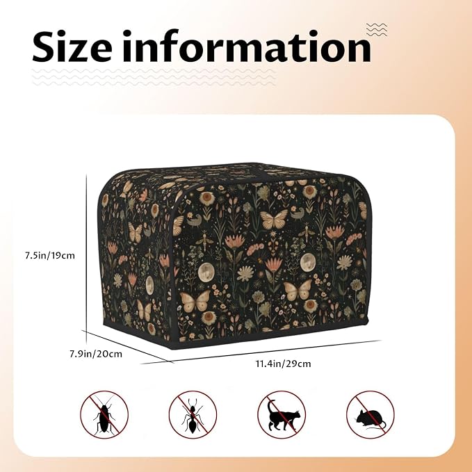 2 Slice Toaster Cover Vintage Butterfly Moon Flower Dust Proof Washable Kitchen Appliance Cover with Pocket, Oxford Fabric Countertop Toaster Protector for Standard Toasters Small Appliances