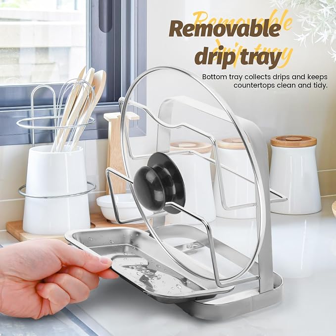 LELE LIFE Pot Lid Holder While Cooking, Pot Lid Organizer 304 Stainless Steel, Pan Cover Spoon Rest and Cutting Board Stand, Pot Lid Rack for Stove Top with Suction Cup & Drip Tray