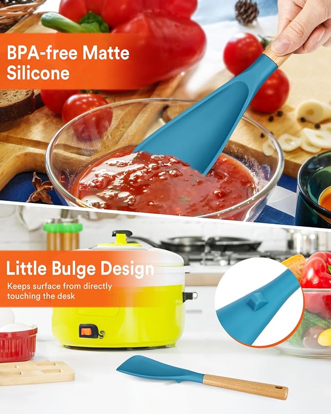 Multifunction Spoon for Nonstick Cookwares, Great for Cooking and Serving, Sturdy BPA-Free Matte Silicone, Wood Handle spoonula for Mixing, Scoop, and Scrape, Turquoise(2 pack,11.4" & 13.4")
