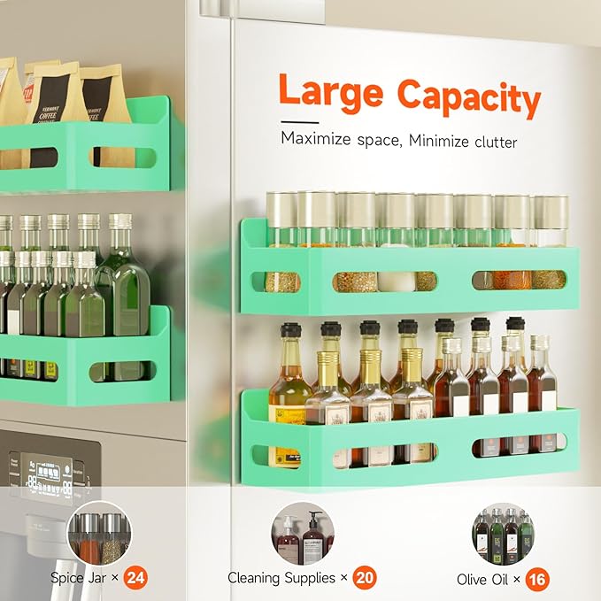 4-Pack Magnetic Spice Rack for Refrigerator with Hooks, Green | Strong multipurpose magnetic shelf for kitchen & bathroom organization. Includes 4 removable hooks for hanging items.