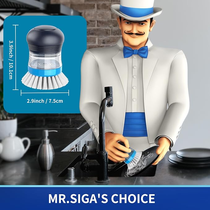 MR.SIGA Soap Dispensing Palm Brush, 2 Pack, Navy/Blue | Dish brush with soap dispenser, palm scrubber, palm scrub brush, ideal for kitchen and dishes cleaning