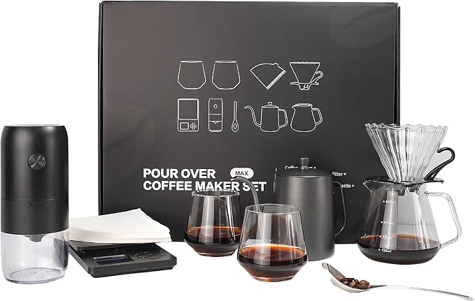 Pour Over Coffee Dripper Set, Coffee Pour Over Maker Kit with Kettle | Coffee Kit Includes Coffee Scale, Coffee Bean Grinder Electric, Glass Drip Coffee Maker and Filter, Coffee Set for Gift
