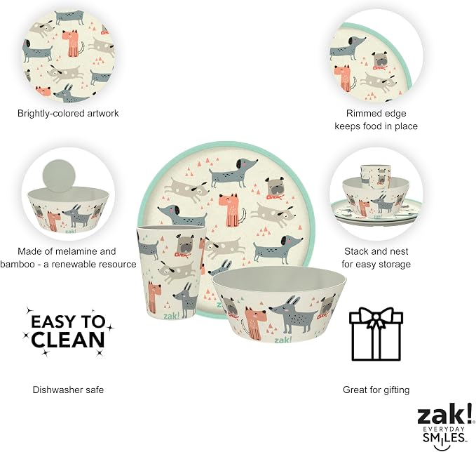 Zak Designs Kids Dinnerware Set 3 Pieces, Durable and Sustainable Melamine Bamboo Plate, Bowl, and Tumbler are Perfect For Dinner Time With Family (Dog)