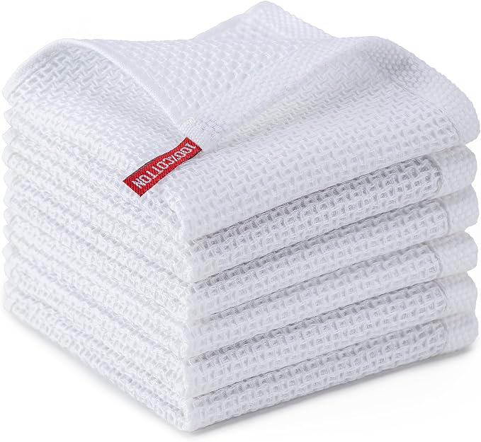 Kitchen Towels 6-Pack Kitchen Dish Cloths,100% Cotton,12x12 In,White | Towels Waffle Weave,Ultra Soft Absorbent, Quick Drying