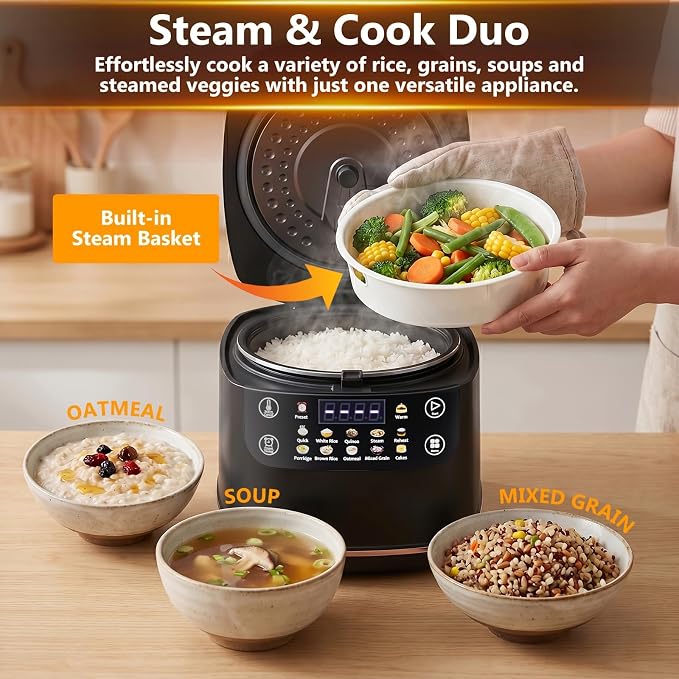 Portable Digital Rice Cooker, 6-Cup (Uncooked)/12-Cup (Cooked) Small Rice Maker with Steaming Basket, Mini Rice Cooker with 2L Removable Nonstick Inner Pot, 10 Menu Options, Auto Keep Warm, 24 Hour Delay Timer (Black)