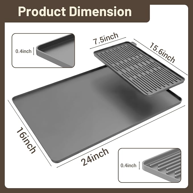 ZJWZLG Silicone Coffee Mat for Countertop, 24x16 inch Heat Resistant Espresso Machine Mat, Non-Slip Coffee Bar Mat with Detachable Drying Area and Raised Edge, Waterproof Station Pad - Grey