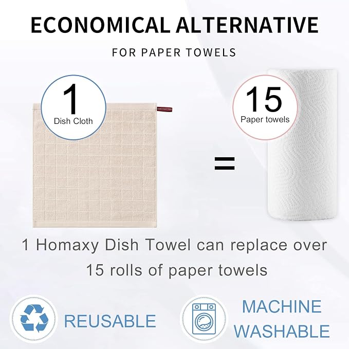 Homaxy 100% Cotton Terry Kitchen Dish Cloths, 6 Pack, Beige | Ultra Soft and Absorbent, Suitable for Drying and Washing Dishes