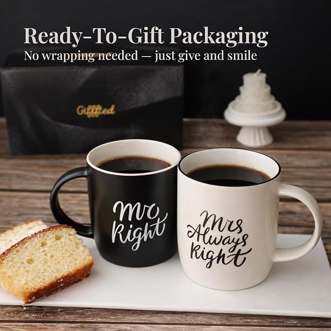 Triple Gifffted Mr Right and Mrs Always Right Coffee Mugs Gift Set, 13oz | Gifts for Couples, Wedding Anniversary, Engagement, Christmas, His & Hers, Bride and Groom, Parents, Newlyweds Bridal Shower