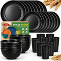 Teivio 32-Piece Plates and Bowls Sets for 8, Black Kitchen Dinnerware Sets | 13.5oz Cups, Plastic Wheat Straw Unbreakable Dish Set, Dishwasher Safe, for Outdoor Camping RV Apartment Essentials Plate Set