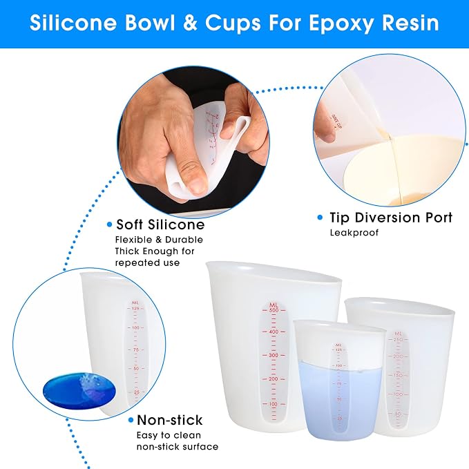 ZUYEE Silicone Measuring Cups (2 Cup + 1 Cup) Flexible Measure Melting Cups for Epoxy Resin Butter, Chocolate Squeeze Pour Baking Cup Dishwasher Safe BPA Free 500/250 ML with Marking Cup/Ounce