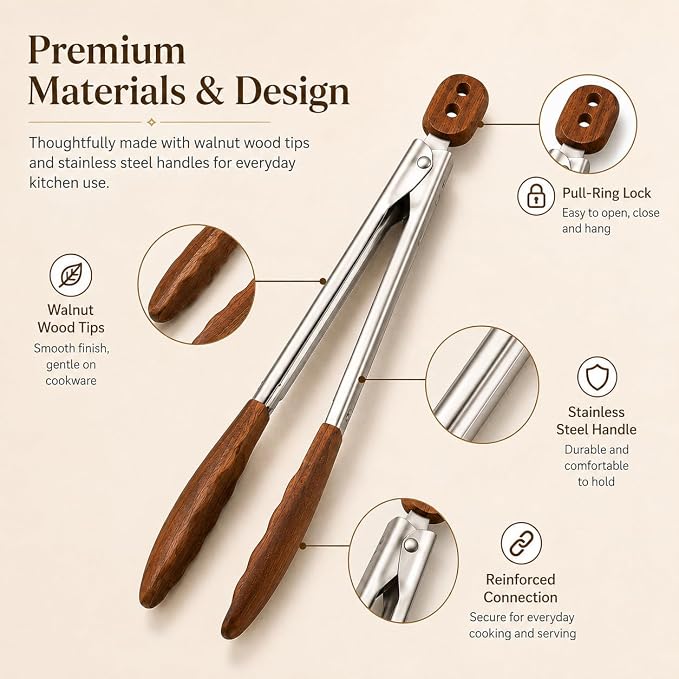 Walnut Wooden Tongs for Cooking - Salad Tongs for Serving Food(12"+15") Stainless Steel Kitchen Tongs for BBQ Grill, Wood Tongs Set