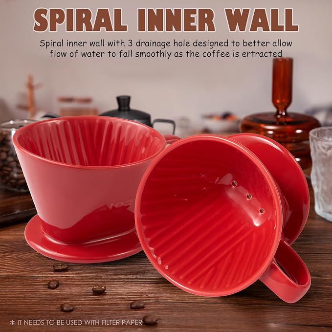 Pour Over Coffee Dripper, Ceramic Pour Over Coffee Maker, Red | 3 Holes Flat Bottom, Easy Manual Brew Maker, Porcelain Slow Filter Cone for Travel, Camping, Office, Home
