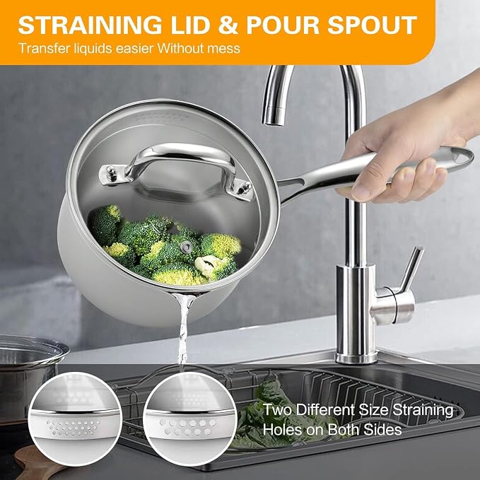 Tri-Ply Stainless Steel Pot with Steamer, 2.5 QT Fullclad Sauce Pan with Steamer & Strainer Glass Lid for Cooking Vegetable,Small Induction Pot with Stay-Cool Handle,100% Food-Grade,Built to Last