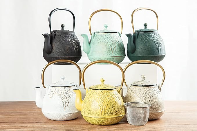 Tea Kettle, TOPTIER Japanese Cast Iron Tea Pot for Stove Top, Cast Iron Teapot Humidifier for Wood Stove, Leaf Design Tea Kettle Coated with Enameled Interior for 32 Ounce (950 ml), Black