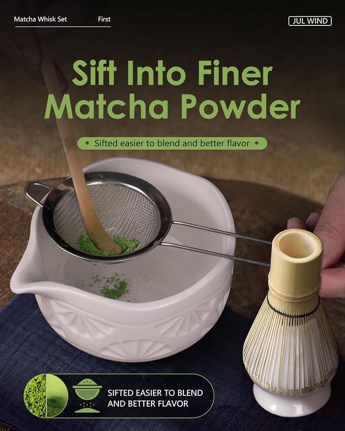 Matcha Whisk Set, Ceramic Matcha Set Includes Matcha Bowl and Matcha Whisk | Holder, Spout, Bamboo Scoop, Sifter and Tea Towel - 6 Pcs Matcha Kit Gift for Matcha Lovers Beginners
