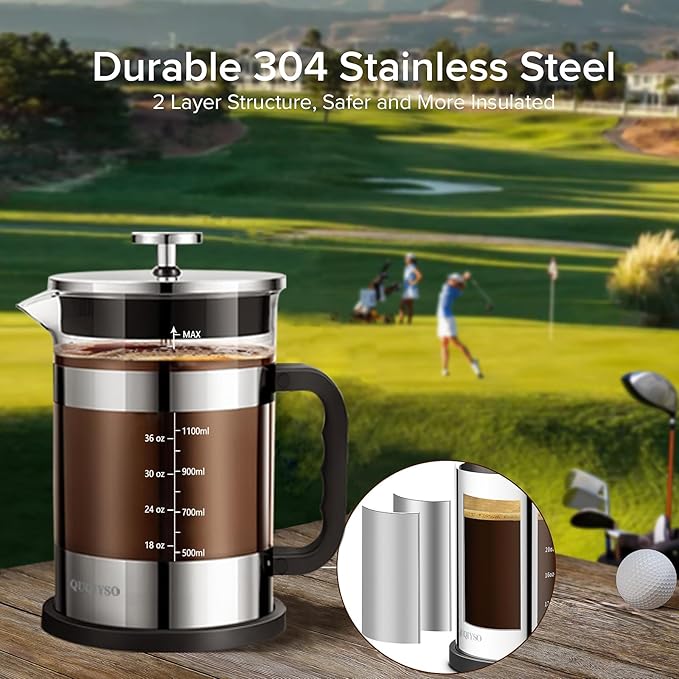 QUQIYSO French Press Coffee Maker 51oz, Large French Press, Thickened Glass | Borosilicate Glass Plastic Free Coffee Maker, Easy to Clean,4 Filter, Coffee Press Suitable for Kitchen Party Camping(Silver)