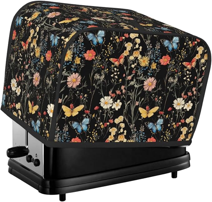 2 Slice Toaster Cover Wildflower Botanical Butterfly Flower Dust Proof Washable Kitchen Appliance Cover with Pocket, Oxford Fabric Countertop Toaster Protector for Standard Toasters Small Appliances