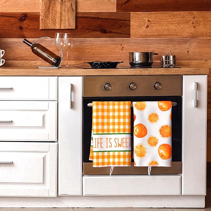 4 Pcs Orange Kitchen Towels, Citrus Grid Hand Dish Towels | Absorbent Fast Drying Dishcloth Housewarming Gift for Cooking Kitchen Decor Bathroom Home Party