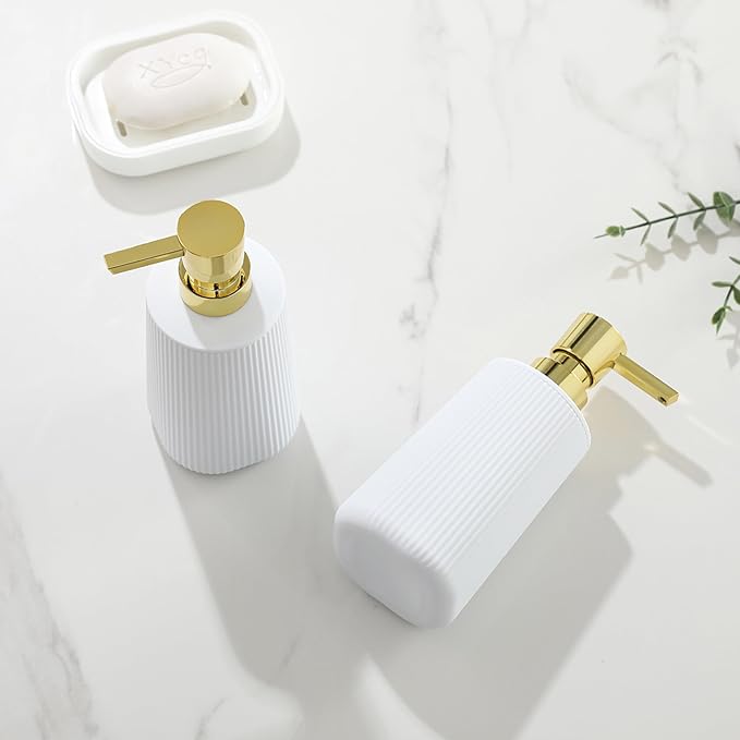 YAUKPH Small Soap Dispenser for Bathroom and Kitchen Matte White and Gold | Modern Farmhouse Striped Style Plastic Hand Soap Dish Soap Dispenser with Pump