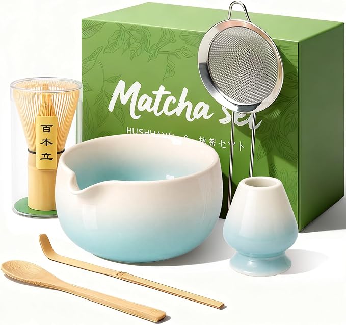 Matcha Whisk Set, Ceramic Matcha Set Includes Bowl & Holder, Bamboo Whisk (Chasen), Scoop, Spoon and Sifter, 6Pcs Matcha Kit Covers Everything Needed for Making Matcha (Blue)