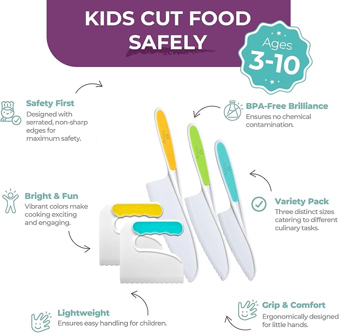 Toddler Knife Set for Real Cooking | Safe Kids Cutting | Ages 2-5 | Montessori Kitchen Tools | 2 Patented Choppers 3 Kid Safe Knives | BPA Free Dishwasher Safe | Birthday Christmas Gift