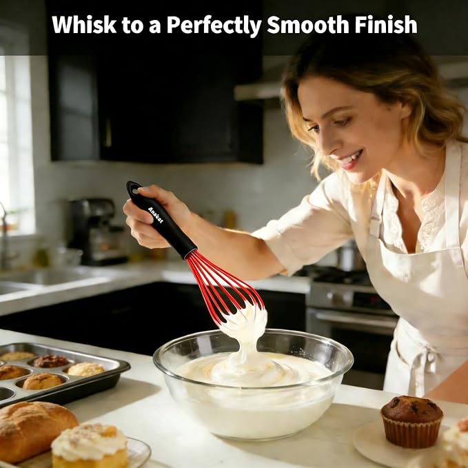 Anaeat Silicone Kitchen Whisk Set of 4, Perfect for Non-Stick Cookware, Milk and Egg Beater Blender for Whisking, Cooking, Baking, Beating - 11'' Flat Whisk and 9''+11''+12'' Balloon Whisks (Red)