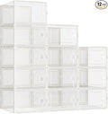 Kuject 12 Pack Large Shoe Boxes, Clear Stackable Containers with Lids,White | Shoe organizers for closet & entryway, under-bed,Drop-front design fits women's size 10