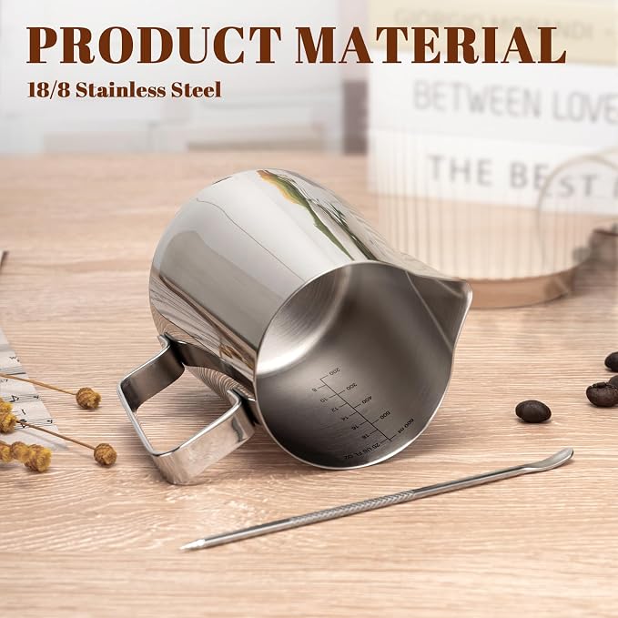 Amrules Milk Frothing Pitcher 20oz Frother Cup Barista Tools, Silver | 18/8 Stainless Steel, 20oz Capacity with Clear Scale, with Decorating Pen, Ergonomic Handle, for Cappuccino, Latte & Espresso