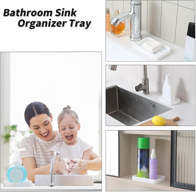 MicoYang Silicone Kitchen Sink Organizer Tray for Multiple Usage,Easy Clean Sponges Holder for Kitchen Bathroom Counter or Sink,Dish Soap Dispenser,Scrubber,Bottle,Cup White 4.9”x 3.2”