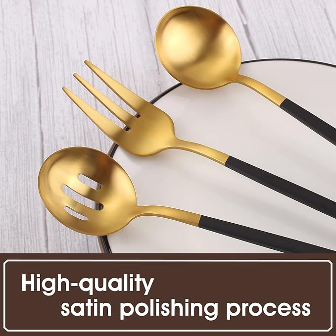 VANVRO Matte Black Gold Serving Silverware Set, 5-Piece Round Shared Utensils Set of Stainless Steel, Hostess Flatware Serving Set, Satin Finish, Dishwasher Safe