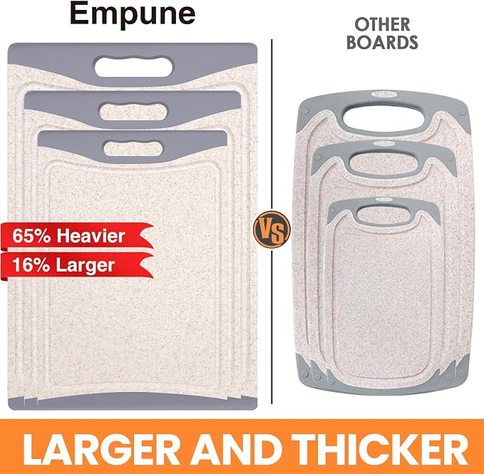 Extra Large Cutting Boards, Plastic Cutting Boards for Kitchen (Set of 3) Cutting Board Set Dishwasher Chopping Board with Juice Grooves Easy-Grip Handles, Beige, Empune