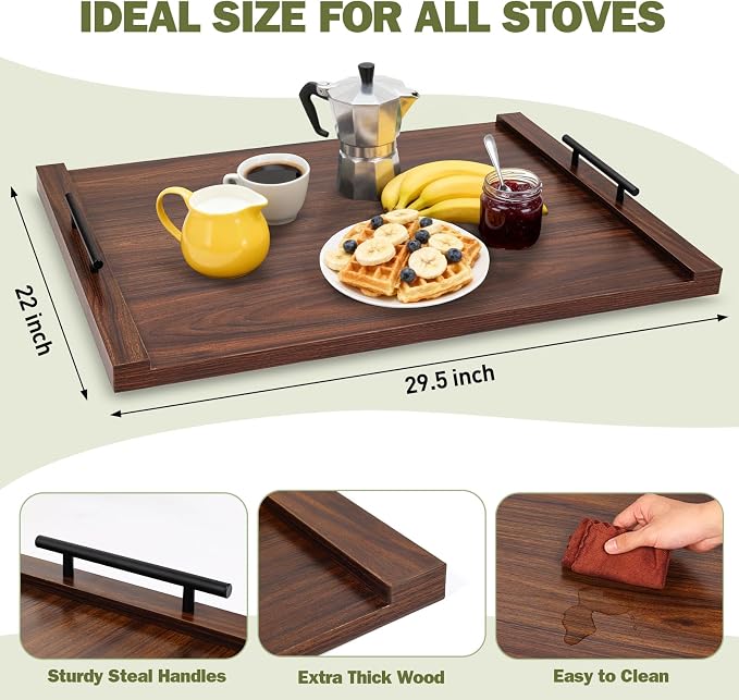Noodle Board Stove Cover with Handles, Ultra Thick Wood Stove Top Cover Board for Electric/Gas Stove, Counter Space Top Covers Used As Sink Covers & Decorative Tray (Walnut Color)