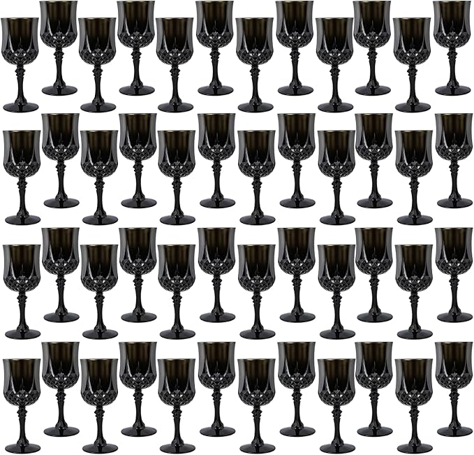 48Pack Plastic Wine Glasses, 7oz Vintage Goblets for Wedding | Unbreakable Crystal Style Reusable Stemware, Elegant Black Drinking Glass for Party Anniversary & Holiday Celebration