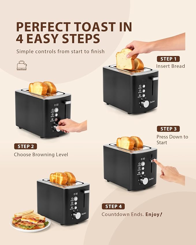 2 Slice Toaster with Countdown Timer, Wide Slots Fits Thick Bread & Bagel | 6 Browning Levels, Defrost, Reheat & Cancel, Removable Crumb Tray, Compact Design for Everyday Breakfast