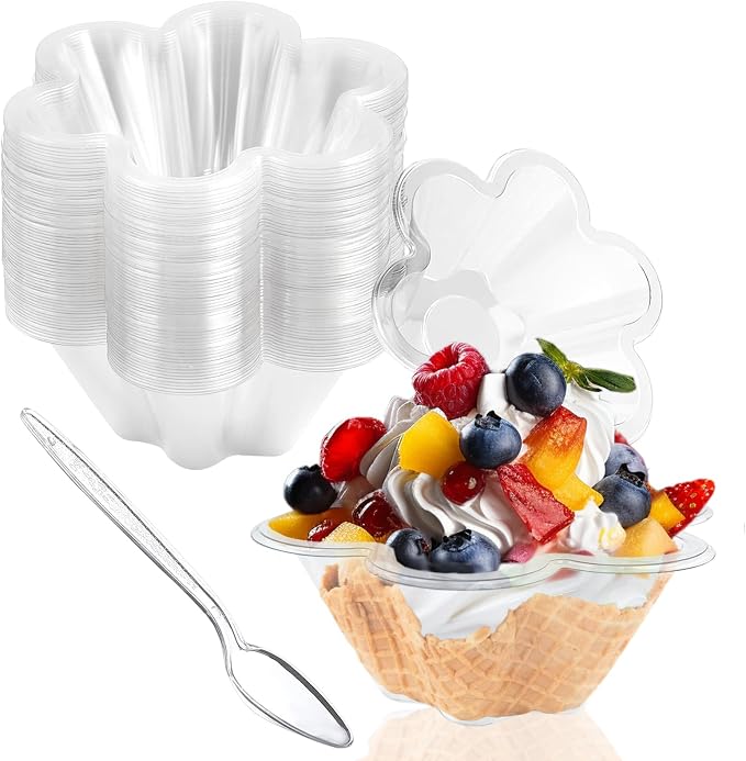 8 oz Plastic Dessert Cups with Spoons, 50ct | Clear Flower Shaped Party Sundae Serving Bowls, Parfait Appetizer Cups for Ice Cream, Nuts, Salad