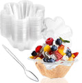 8 oz Plastic Dessert Cups with Spoons, 50ct | Clear Flower Shaped Party Sundae Serving Bowls, Parfait Appetizer Cups for Ice Cream, Nuts, Salad