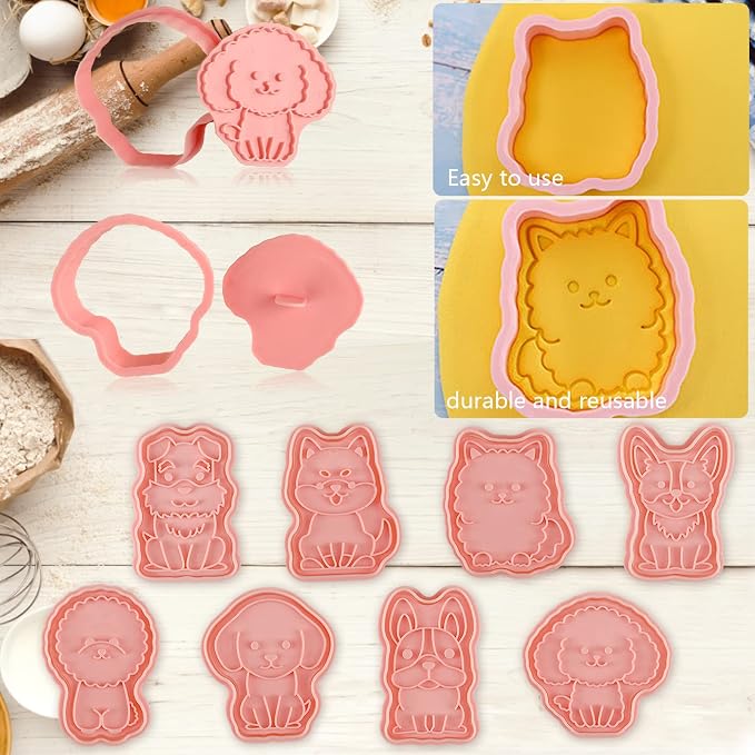 Dog Cookie Cutters Set, 8 Pcs Puppy Cookie Cutter with Plunger Stamps | Different Shapes, Rich Details and Textures, Cute Cookie Cutters for DIY Biscuit Dog Snacks Cheese Baking