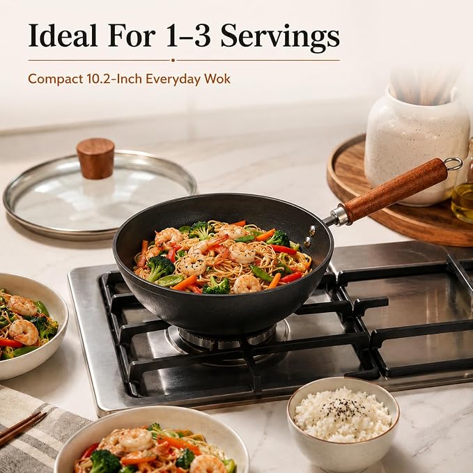 Carbon Steel Wok Pan, Flat Bottom Stir Fry Wok (10.20 inch)