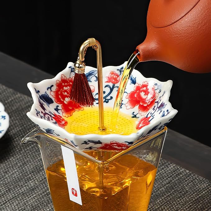 Umbrella Shape Ceramic Tea Strainer - Chinese Blue & White Porcelain Loose Leaf Filter with Rotating Design, Multi-Purpose Tea Infuser for Kung Fu/Coffee/Brewing (Red)