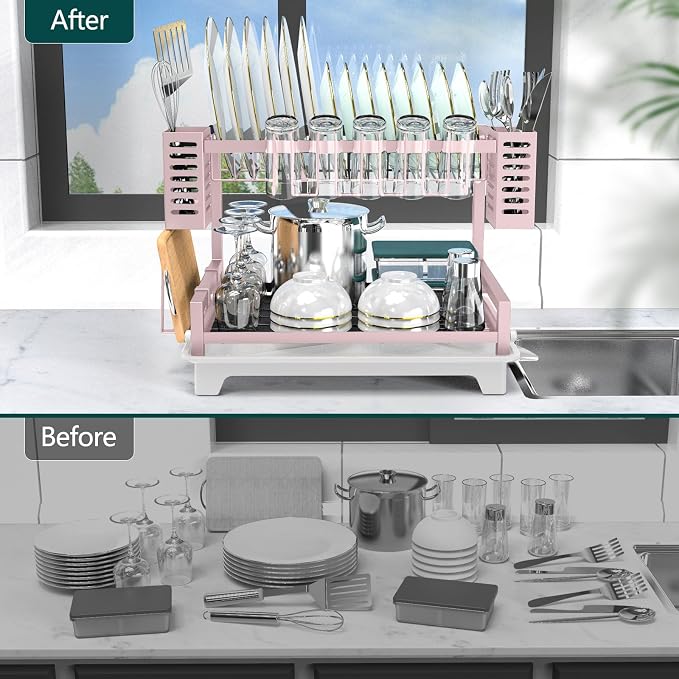 Dish Drying Rack, Rust-Proof 2 Tier Dish Racks for Kitchen Counter | Large Dish Drying Rack with Drainboard & Utensil Holders, Dish Drainers,Kitchen Organization