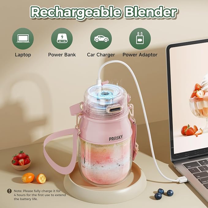 Portable Blender, Prasky Personal Blenders for Shakes and Smoothies with 27oz Cup, Lid and Shoulder Strap, Type-C USB Rechargeable, Personal Size Blenders BPA-free for Travel/Kitchen (Light Pink) | Personal Size Blenders for Shakes and Smoothies with 2...